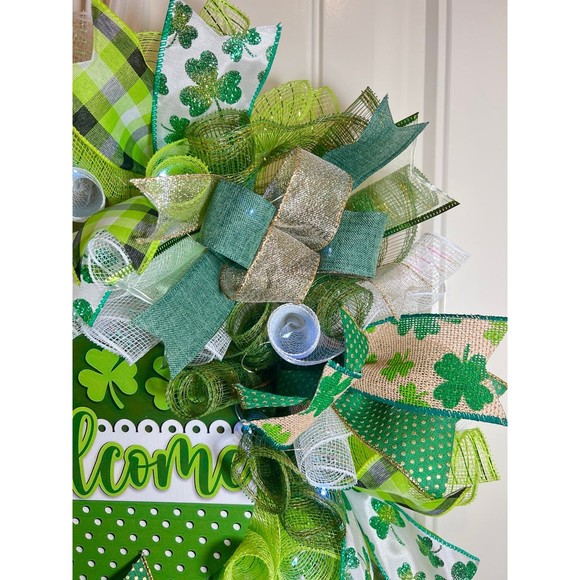 Handmade St. Patrick’s Welcome Ribbon Prelit Wreath 22 ins LED W6 - Picture 7 of 9